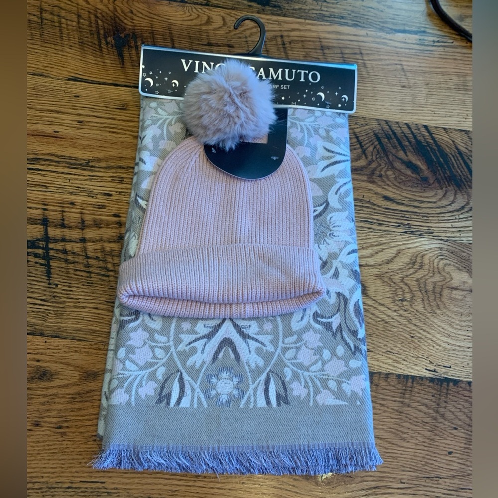 NWT Vince Camuto Neutral Plaid Wrap Scarf and Pink Pom Hat